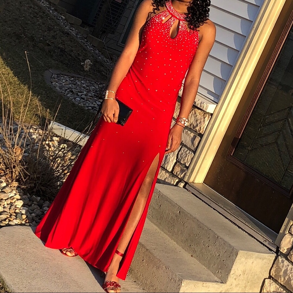 Open Back Red Sequined Prom Dress
